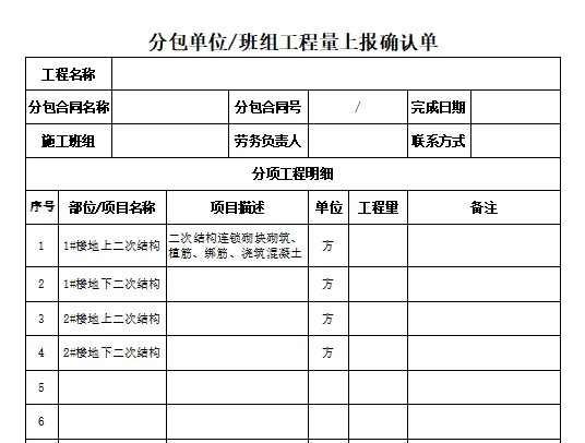 分包单位班组工程量上报确认单Excel模板分享