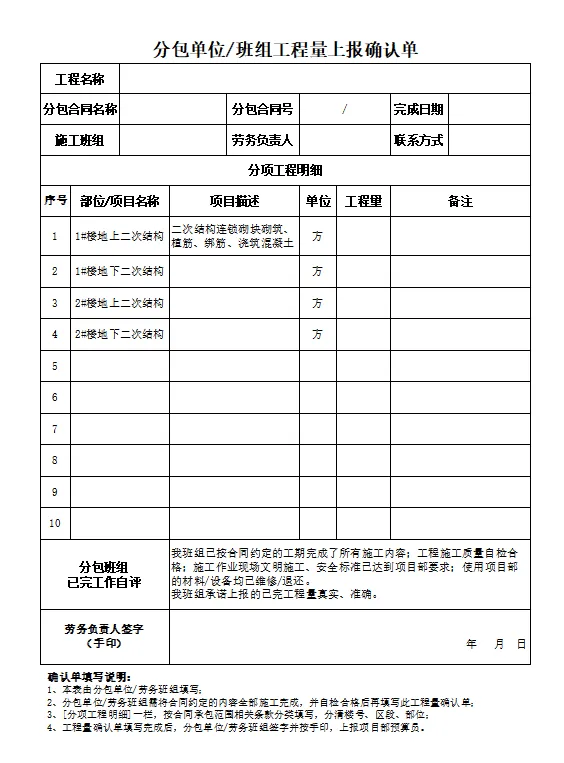 分包单位班组工程量上报确认单Excel模板分项