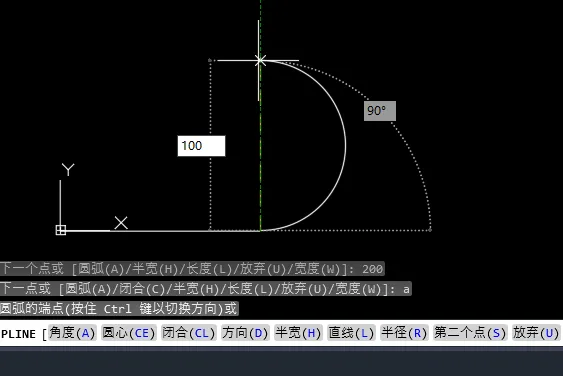 CAD2023多段线模式里面怎么直线变成圆弧画图？