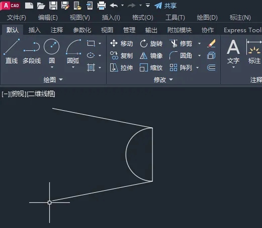 cad2022两根线怎么画弧形的方法