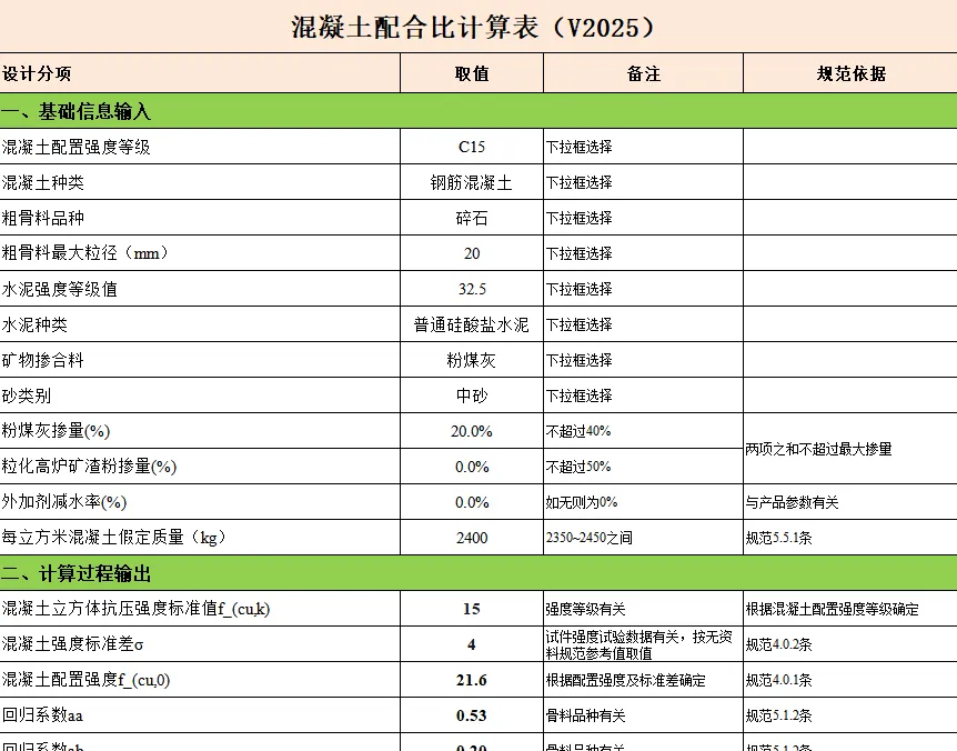 混凝土配合比计算小工具V2025 Excel版