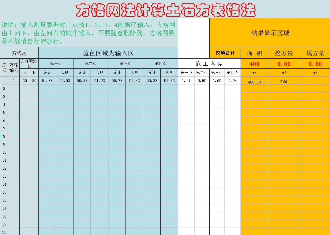方格网法自动计算土石方表格Excel版分享