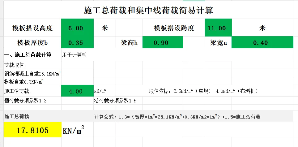 模板支撑脚手架集中线荷载、施工总荷载自动计算判定-xls版