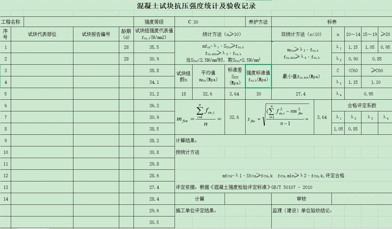 混凝土强度自动统计评定表xls版 依据GB／T50107-2010编制
