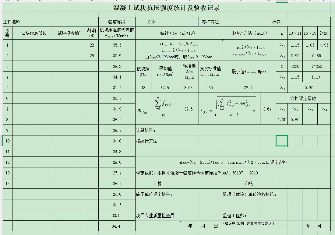 混凝土强度自动统计评定表xls版 依据GB／T50107-2010编制