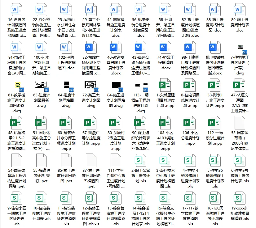 125份施工进度计划横道图及网络图汇总 涵盖xls doc dwg mpp 4种格式
